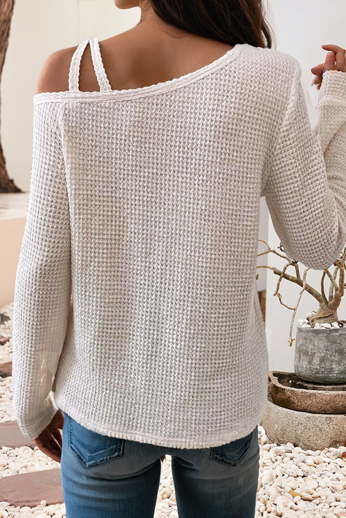 Solid Textured Knit Asymmetric Shoulder Long Sleeve Top
