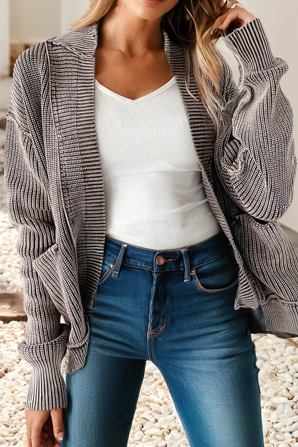 Wash Exposed Seam Patchwork Knit Open Sweater Cardigan