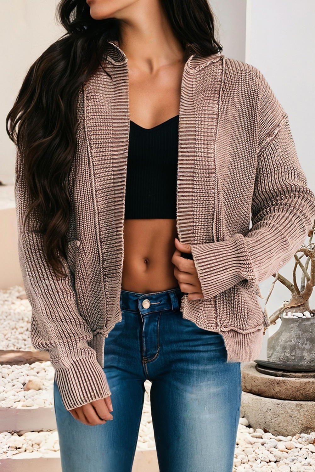 Wash Exposed Seam Patchwork Knit Open Sweater Cardigan