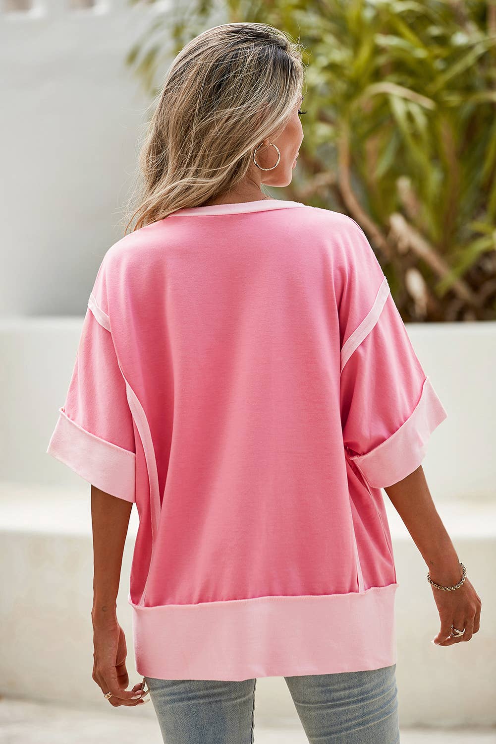 Spring Half Sleeve Raw Seam High Side Split Top