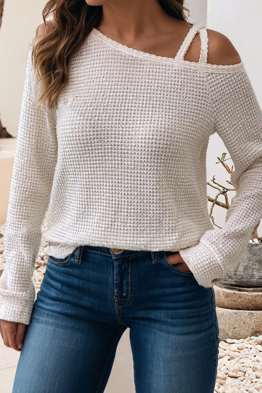 Solid Textured Knit Asymmetric Shoulder Long Sleeve Top
