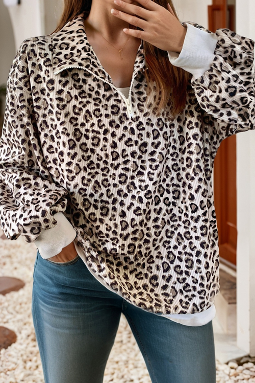 Leopard Print Quarter Zip Corduroy Sweatshirt